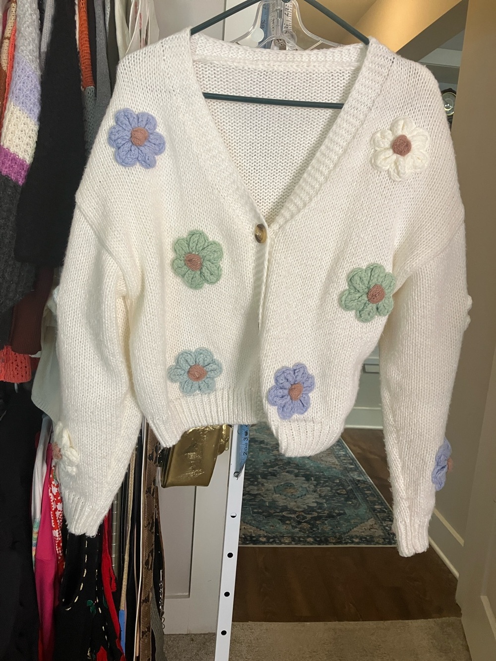 Cider Cream Crocheted Flower Button-Front Cardigan